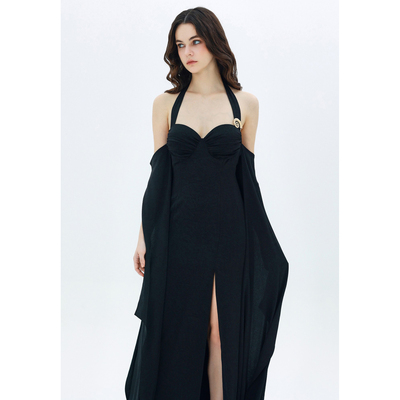 MOOD X MIURA Lilith 黑色提花缎面飘袖连衣裙