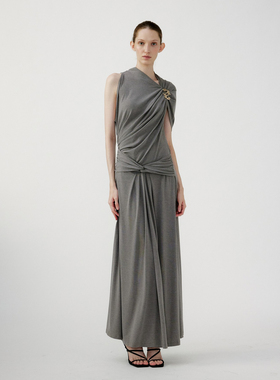 NONETONE · 碳灰色人棉混纺扭褶腰封连衣裙
