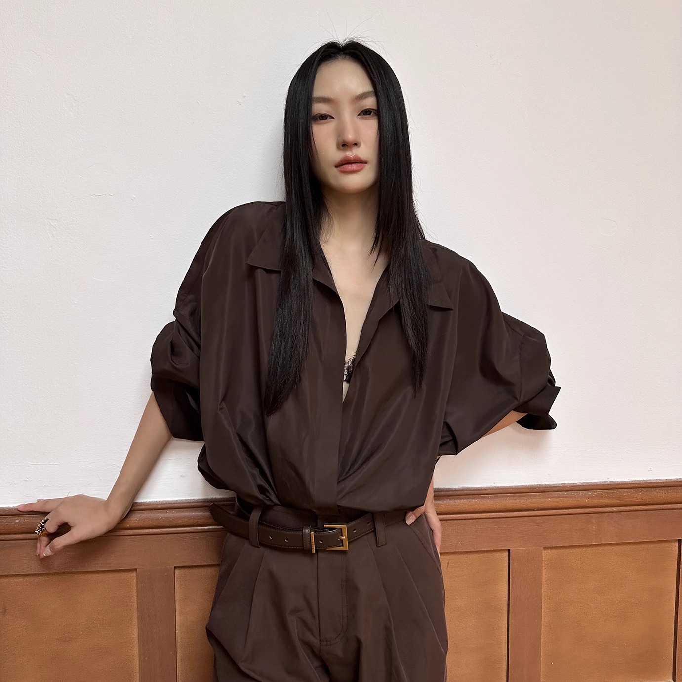CNLEEWEI 25秋季新款 松弛廓形拼接连体衬衫 中低腰挺括阔腿长裤
