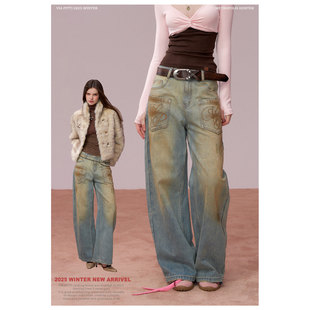 VIAPITTI设计感水洗做旧款大口袋宽松牛仔裤女装秋冬立体刺绣长裤