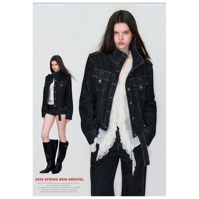 VIAPITTI设计感黑色复古立领牛仔外套女装春季时尚百搭短款上衣