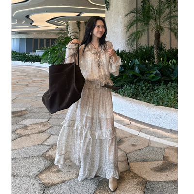 【设计师女装】ODTD25秋季新款波西米亚风拼接小众印花系带连衣裙