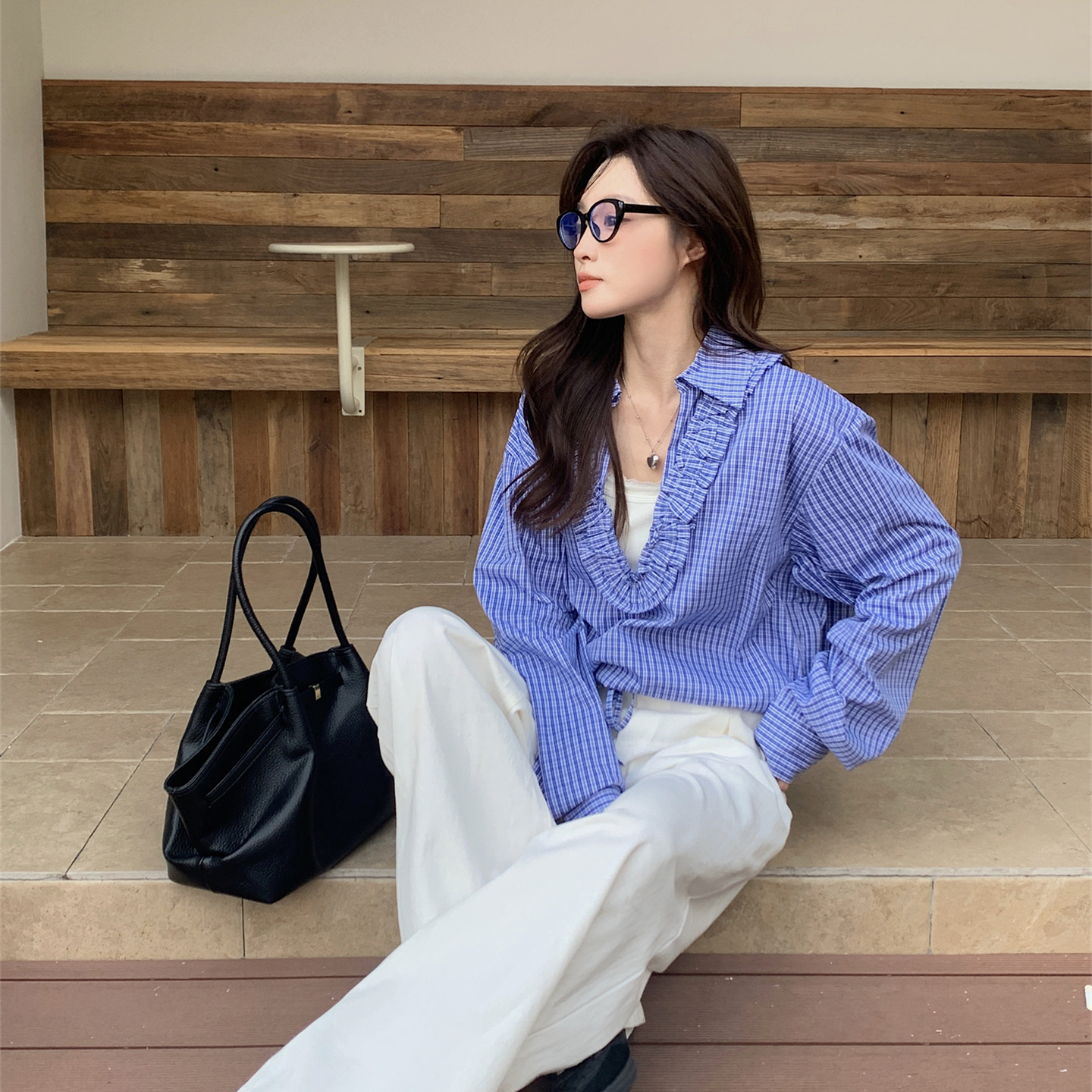 FOR WHY 25AW早秋早秋新款韩系通勤设计感木耳边V领绑带格纹衬衫