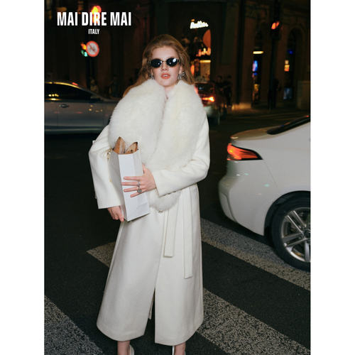 MAI DIRE MAI 柔雾蓝羊毛呢大衣珍珠白狐狸毛披肩