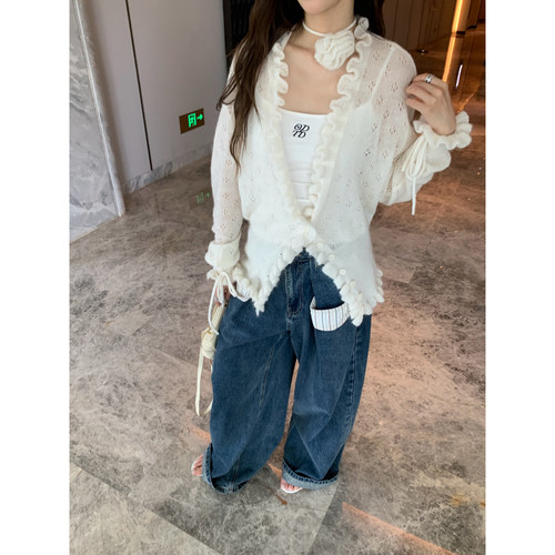 【设计师女装】ODTD26早秋新款小花毛衣开衫优雅木耳边休闲风长袖