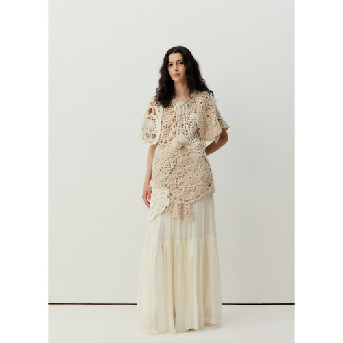 NONETONE26AW秋冬 Pizzo Crochet卡其羊绒手工钩花披肩针织上衣