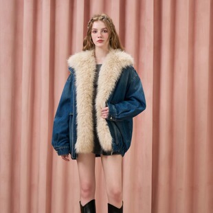 蓝色丹宁可拆毛领绗棉夹克牛仔外套 25AW Three Quarters