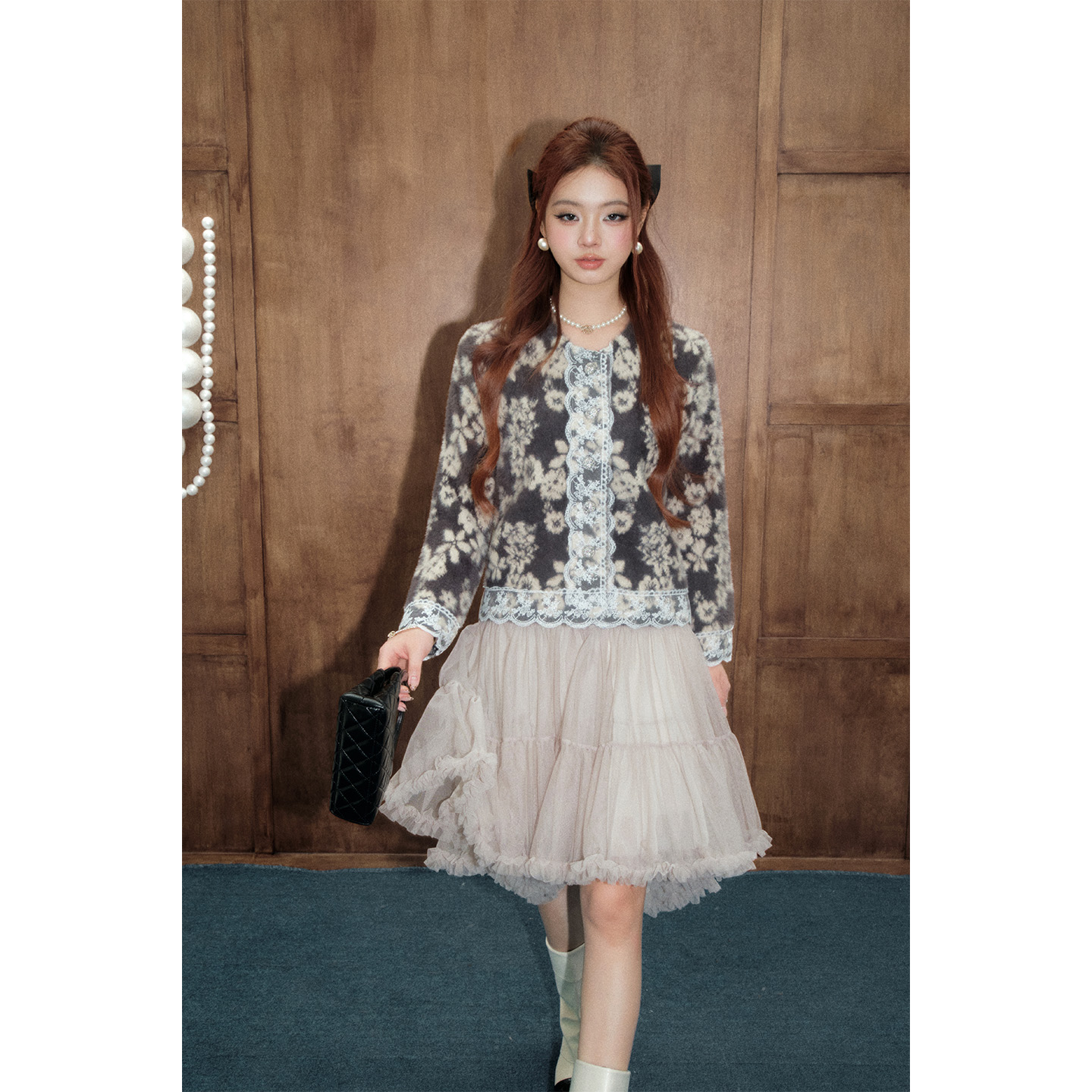 OLIVIA DUO 25AW新款 蕾丝毛绒上衣不规则木耳边纱裙