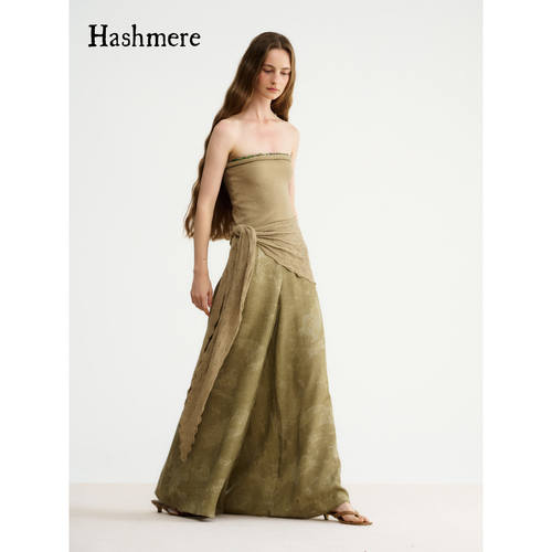 Hashmere 26SS 立体卷边串珠抹胸上衣 印花阔腿裤宽松 三角巾披肩