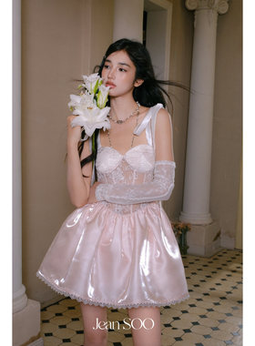 Jean SOO 浆果蜜糖鱼骨收腰缎面蕾丝蓬蓬吊带裙