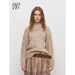 绞花斜领针织套头马海毛毛衣慵懒风 ODTD25秋冬新款 设计师女装