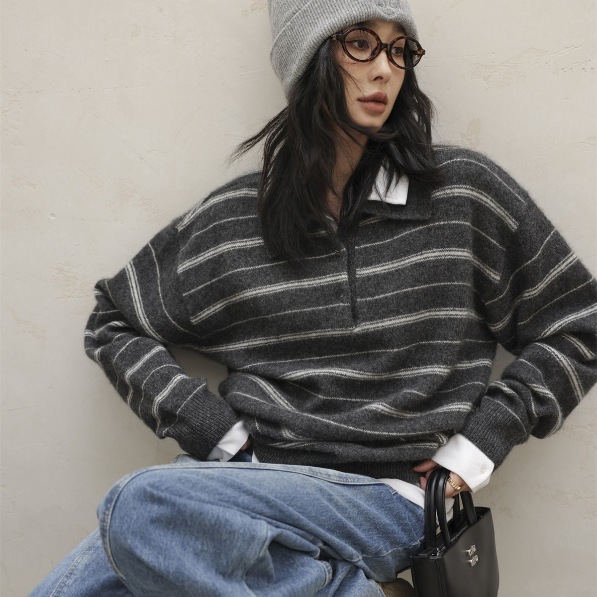 VANMYTH官方授权24秋季 条纹POLO领针织衫美式拼接高腰阔腿牛仔裤,女装/女士精品,时尚套装,淘宝优惠券,粉丝福利购,淘宝优惠卷