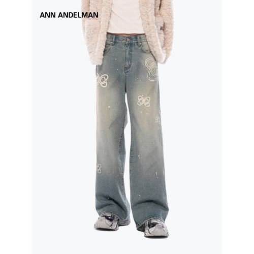 男女同款ANN ANDELMAN高品质棉直筒牛仔裤logo刺绣水洗做旧休闲裤