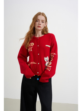 SOFITTE 25AW秋季 红色小狗提花短款毛衫外套