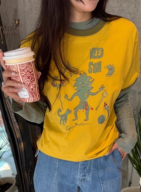 【清货折】Garcon Need Sun姜黄色印花棉质短袖TEE亚麻混纺上衣