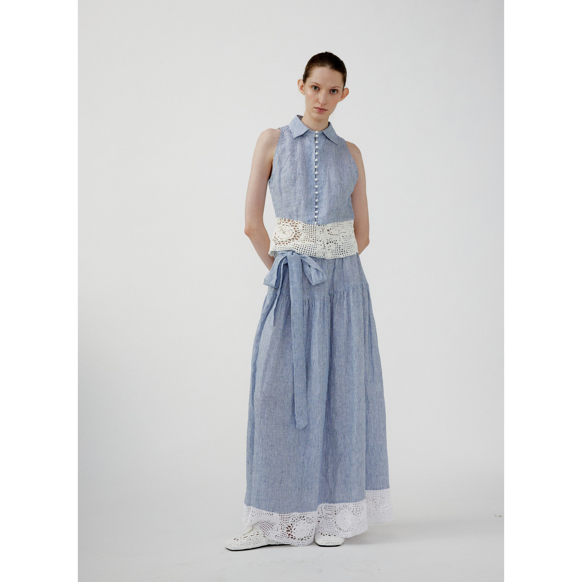 NONETONE 日本进口全亚麻蓝白条纹手钩花拼接无袖衬衫半裙