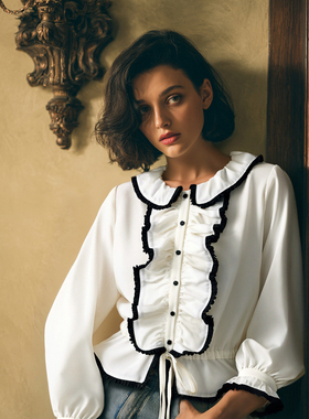 WITH HER 25AW Élise花边黑白百搭法式翻边衬衫