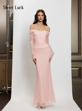 Sheer Luck 一Aurora Corset Dress一字肩弹力网纱氛围感鱼骨长裙