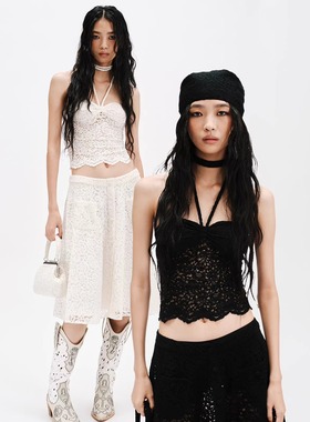 MARKGONG 26SS  白色黑色弹力蕾丝挂脖上衣 弹力蕾丝A字半裙