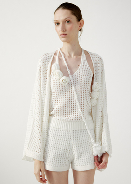 NONETONE 亚麻珠片纱挑孔玫瑰立体花卉装饰开衫吊带短裤套装