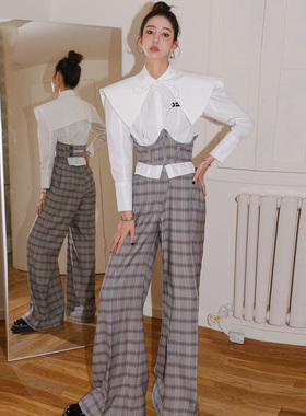 【清货折】For Love and Lemons秋新款设计感鱼骨胸衣格纹阔腿裤