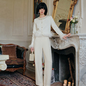 FAYE 24秋冬新款 IFAY 珠钻鸵鸟毛针织上衣珍珠小香阔腿裤