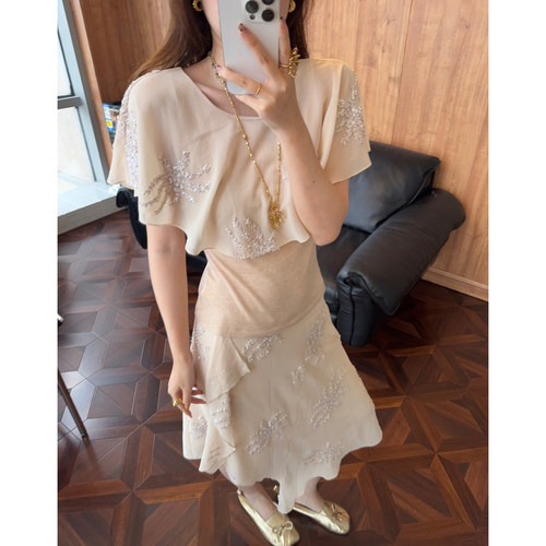Vena Label 26SS 重工钉珠披肩短袖假两件 钉珠半身裙