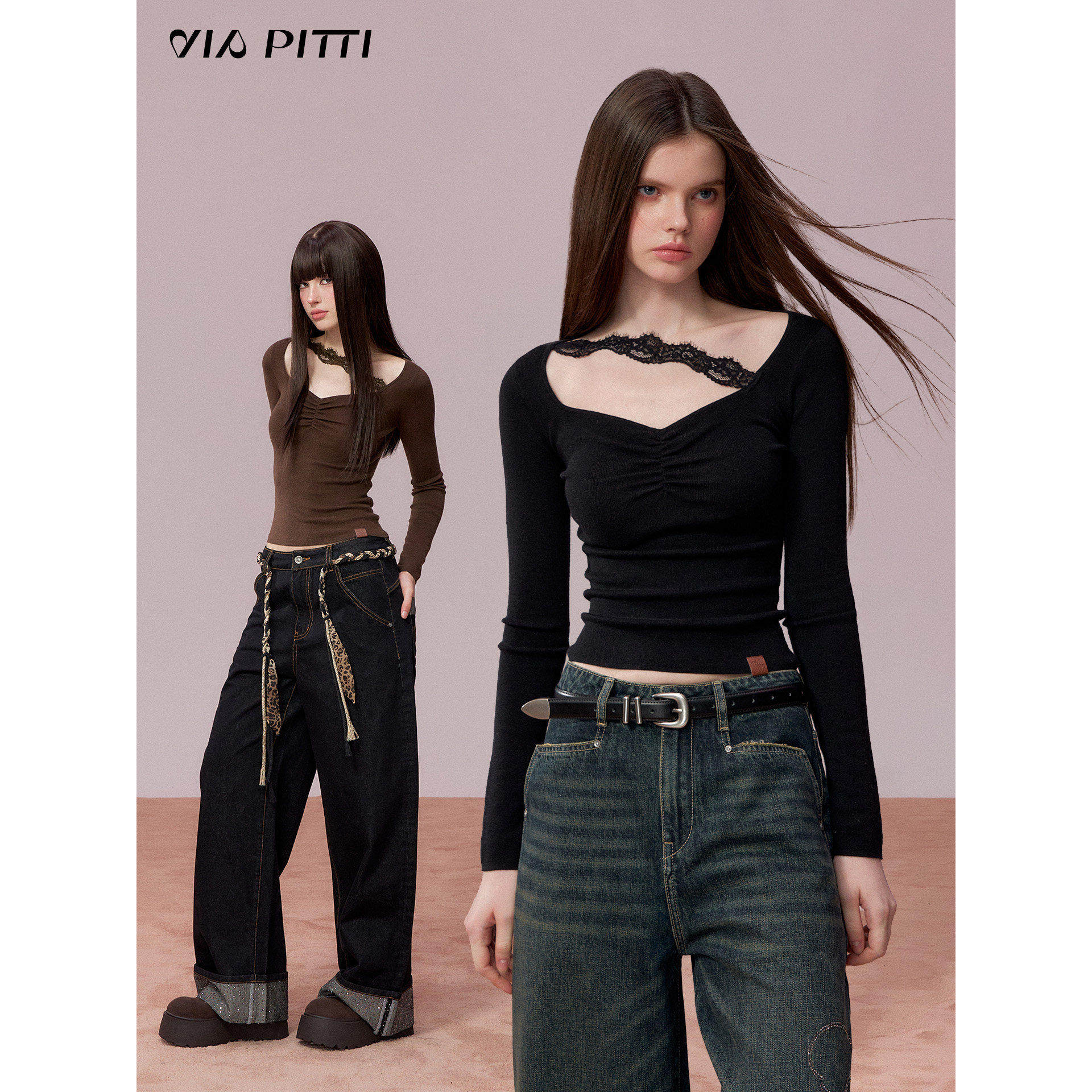 VIAPITTI设计感褶皱蕾丝装饰针织打底长袖T恤女装秋冬修身上衣,女装/女士精品,时尚套装,淘宝优惠券,粉丝福利购,淘宝优惠卷