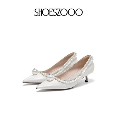 SHOESZOOO名媛风尖头婚鞋女白色不累脚细跟高跟鞋主婚纱新娘婚鞋