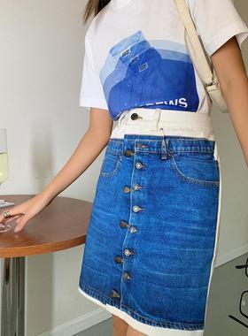 【5折】ANDREA CREWS秋冬新款撞色错位牛仔半身裙 拼接长裤