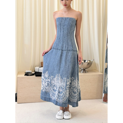 NONETONE Stitched Elegy缀影挽歌浅蓝色牛仔蕾丝花边吊带连衣裙