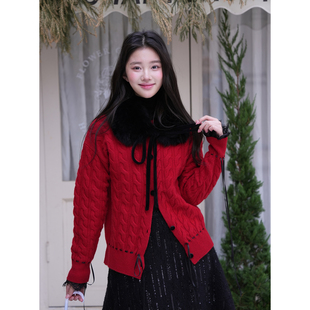 红色织带毛领毛衣 25AW GUO JINGYI