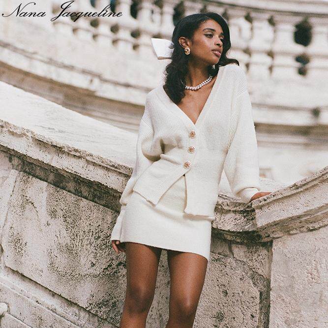 【张予曦同款】Nana Jacqueline落肩收腰针织v领长袖针织半裙套装,女装/女士精品,时尚套装,淘宝优惠券,粉丝福利购,淘宝优惠卷