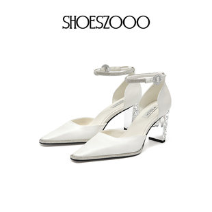 SHOESZOOO名媛风水钻一字扣带高跟鞋女粗跟不累脚主婚纱新娘婚鞋
