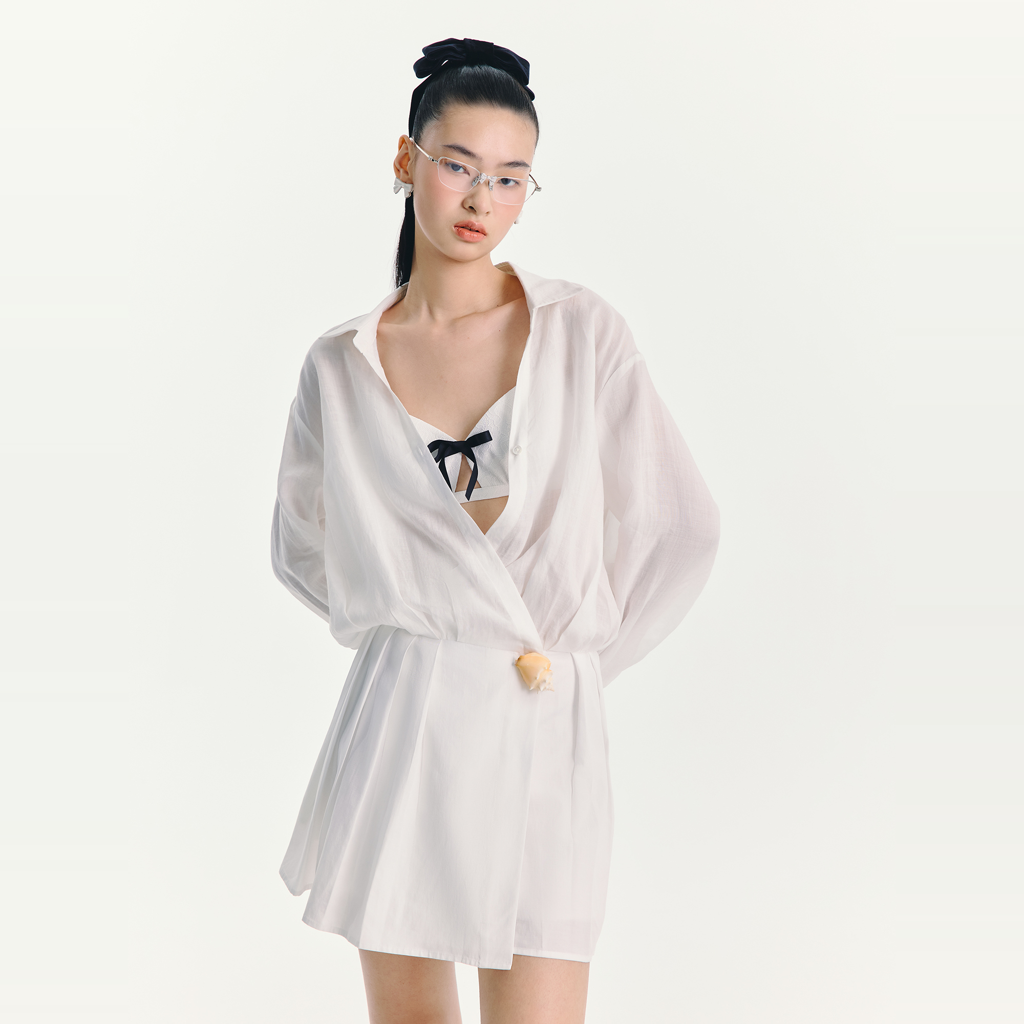 ESTER HSU 25SS 海螺装饰苎麻衬衫百褶裙