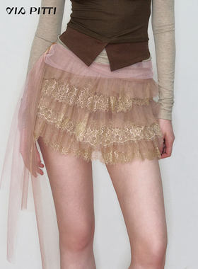 VIAPITTI设计感重磅蕾丝拼接百搭飘带半身裙女装春季轻薄蛋糕裙