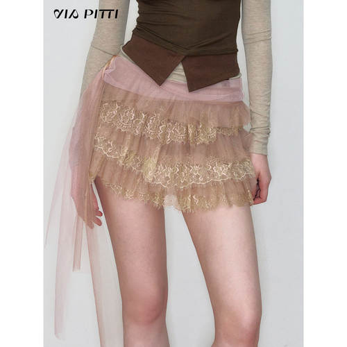 VIAPITTI设计感重磅蕾丝拼接百搭飘带半身裙女装春季轻薄蛋糕裙