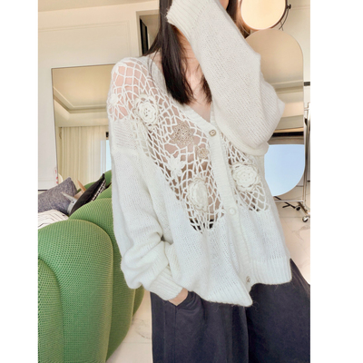 Shelle Artiste宽松优雅干杯钩花镂空外套纯色百搭长袖开衫