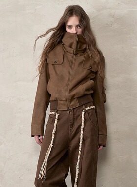 VIAPITTI 25AW 高级感短款拼接PU皮衣外套美式水洗做旧复古阔腿裤