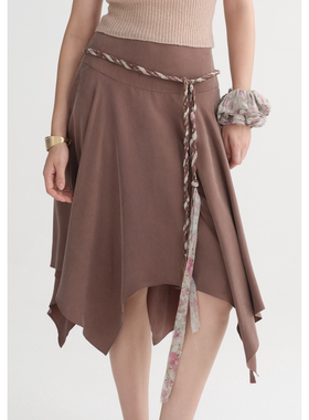 IF BY LAND 设计师品牌2026SS 咖色腰带铜氨不规则下摆半裙