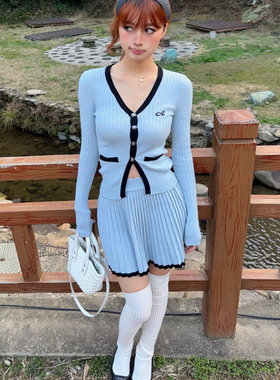 Aimme sparrow25SS 粉色刺绣黑边V领针织套装 开衫半裙