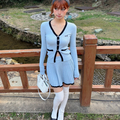 Aimme sparrow25SS 粉色刺绣黑边V领针织套装 开衫半裙