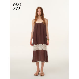 肌理感褶皱拼接蕾丝长款 ODTD26春夏新款 吊带连衣裙 设计师女装