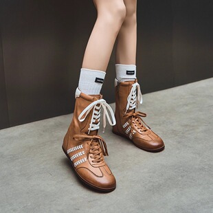 SHOESZOOO德训靴女真皮短靴2025秋冬新款马丁靴复古拳击靴中筒靴