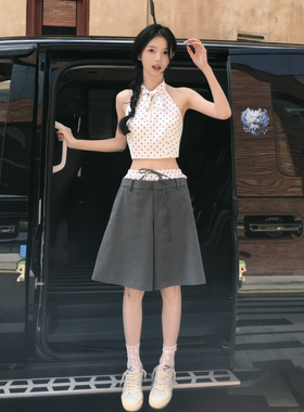 Clink&Clunk春夏新款波点小耳朵上衣高腰波点拼接阔腿中裤套装女