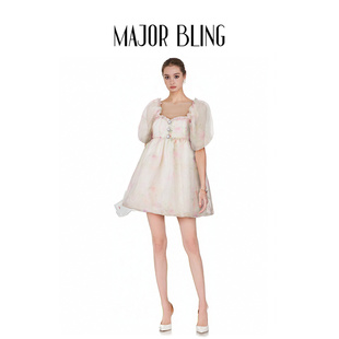 Major Bling 25ss 亮片印花绉纱泡泡袖花苞型迷你连衣裙