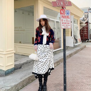 【三折清货】Ports1961 宝姿玫瑰V领毛衣波点拼接半裙飘带白衬衫