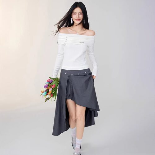 【清货折SL】MacyMccoy 官方25SS 一字领露肩上衣 不规则开叉半裙