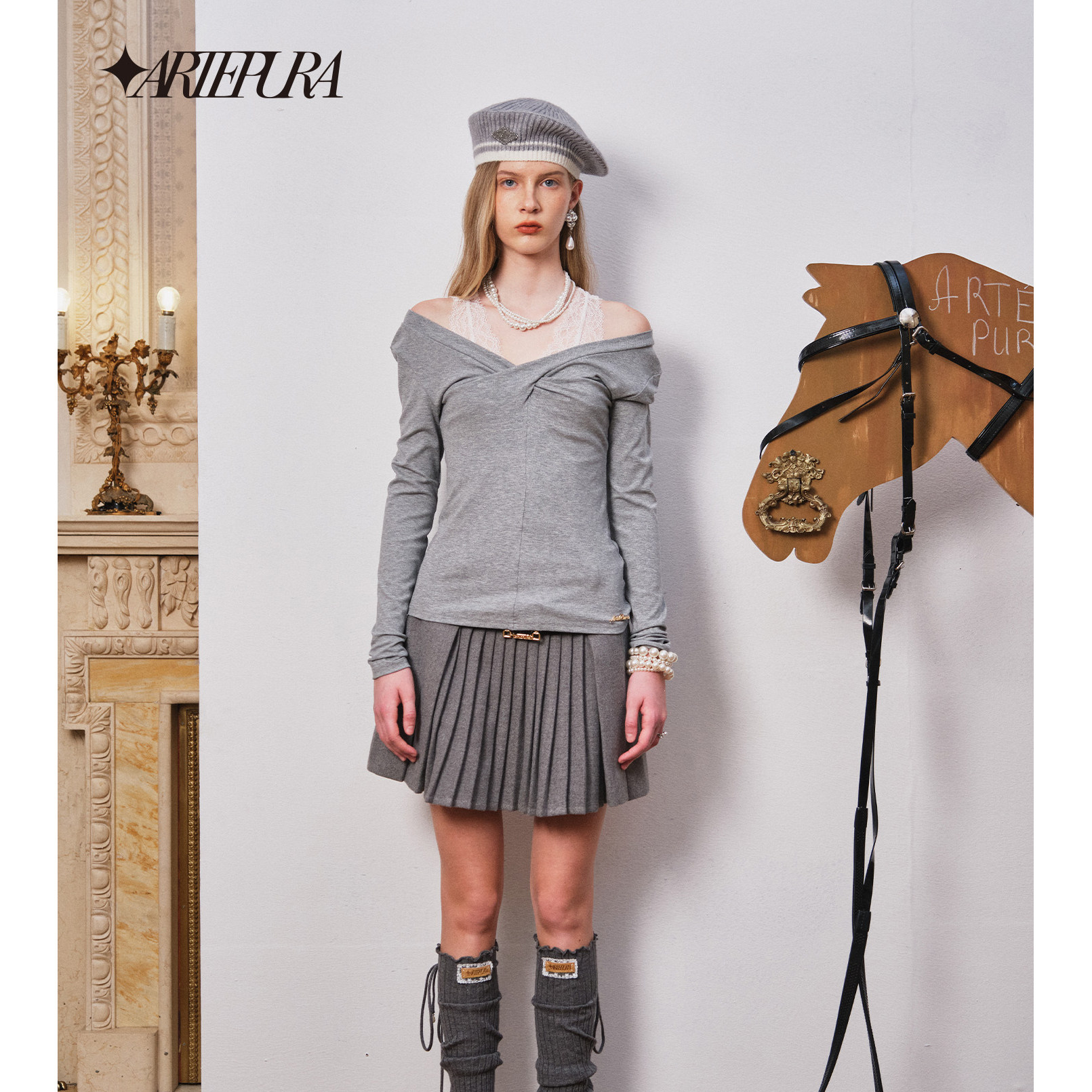 ARTE PURA2025秋季新品假两件蕾丝边针织打底长袖上衣女