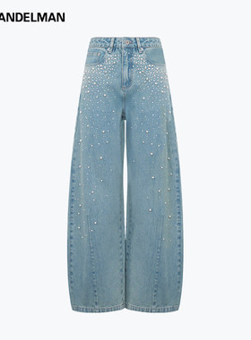 【明星同款】ANN ANDELMAN弯刀阔腿裤闪钻珍珠水洗做旧牛仔裤